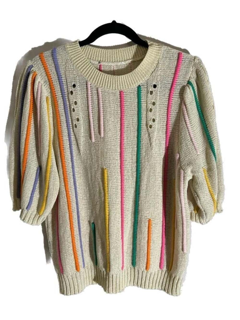 Cream Multi-Color Striped Puff Sleeve Knit Sweater
